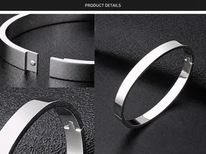 Macro view of polished stainless steel bangle featuring a secure puzzle buckle closure