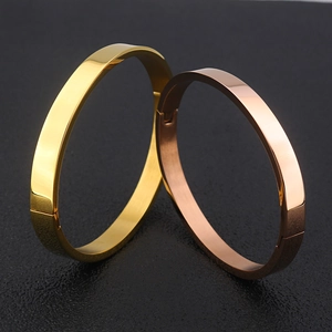 Minimalist polished stainless steel open bracelets in gold and rose gold finishes
