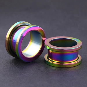 Rainbow plated stainless steel hollow cylinder ear tunnels for punk body piercing jewelry