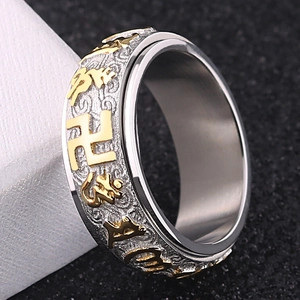 Anillo Giratorio de Acero de Titanio Mantra Budista Símbolo Spinner Ring para Hombre Mujer Joyería Religiosa Vintage Regalo
