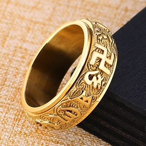 Anillo giratorio de acero de titanio dorado con mantra budista y grabados