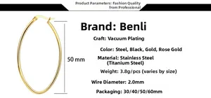 Detail showing 50mm gold stainless steel hoop earrings with vacuum plating specs