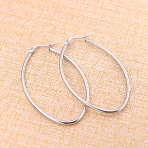 Polished silver stainless steel large oval hoop earrings for women with latch back design