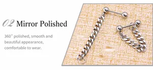 Detailed view of punk style silver steel chain earrings with mirror polished finish