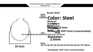 Detailed size chart for 2mm thick stainless steel hoop earrings from 10mm to 75mm
