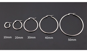 Detailed comparison of five stainless steel hoop earrings sized from 10mm to 50mm