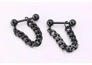 Detail of punk style black titanium steel barbell earrings with U-shaped flat chain design