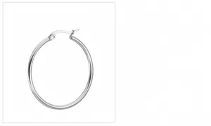 Detailed close-up of large polished stainless steel hoop earrings with secure clasp