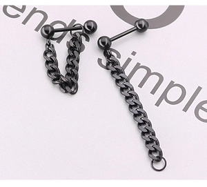 Macro view of black stainless steel barbell earrings with minimalist hanging O-chains