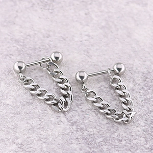 Punk style stainless steel ball barbell earrings with polished cuban chain links