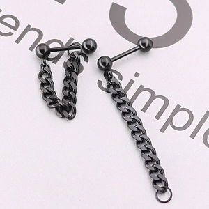 Punk style black stainless steel barbell earrings with asymmetric Cuban chain links