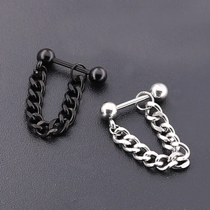 Punk style titanium steel ball stud earring with thick Cuban chain link in black and silver