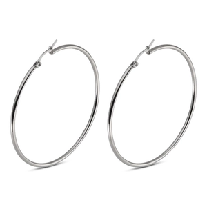Minimalist large polished stainless steel hoop earrings for women in shiny silver finish