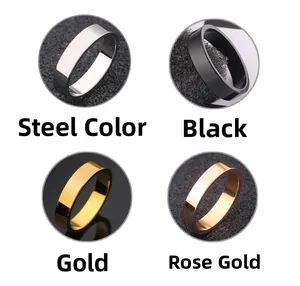 Polished stainless steel rings in steel, black, gold, and rose gold finishes