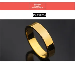 Polished men's gold stainless steel ring with mirror finish on dark reflective background