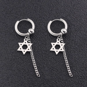 Boucles d'oreilles punk hip-hop en acier titane argenté avec pendentif étoile et chaînettes