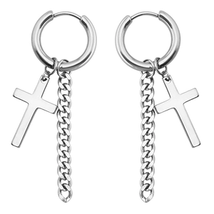 Boucles d'oreilles punk en acier argenté avec pendentif croix et chaîne gourmette