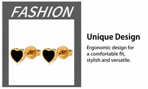 Detail of heart-shaped gold studs with black enamel finish and butterfly backings