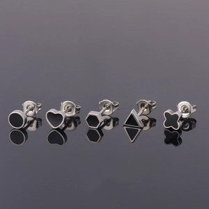 Minimalist geometric titanium steel studs set with black enamel clover and heart shapes