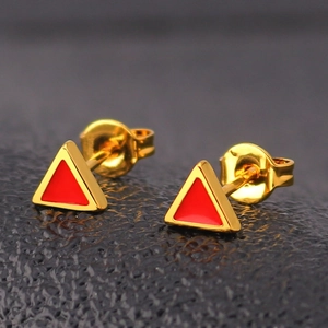 Minimalist gold-plated titanium steel triangle stud earrings with red enamel inlay