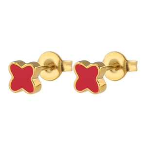 Elegant gold titanium steel clover earrings with red enamel inlay on white background