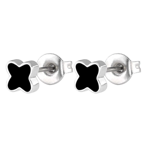 Elegant silver four leaf clover stud earrings with black enamel inlay on white background