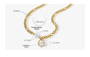 Detail view of 18k gold plated chain with freshwater pearls and size measurements