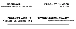 Produktspezifikationen für das hohle Herz-Schmuckset aus Titanstahl mit Gewichtsangaben