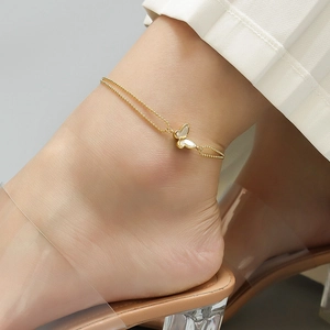 Double-layer butterfly anklet with white shell pendant in 18K gold-plated stainless steel
