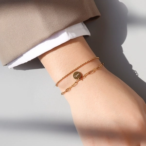 Collier Et Bracelet Multirangs Acier Titane Chaîne Maillons Trombone Perles Pendentif Lucky Mode Pour Femmes