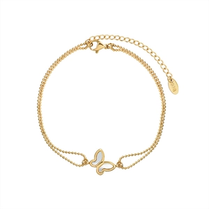 Double-layered golden bead anklet with butterfly pendant and white mother of pearl inlay