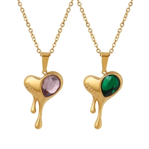 Creative melted heart pendant necklace with pink and green zircon in gold plated finish