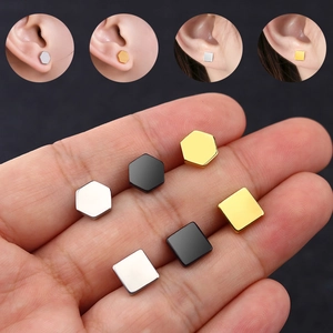 Magnetic stainless steel stud earrings in square and hexagon shapes for non-pierced ears