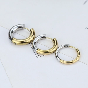 Polished chunky two-tone gold and silver titanium steel hoop earrings in three sizes