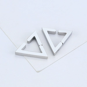 Minimalist silver triangular U-shaped ear cuffs with a polished geometric stainless steel finish