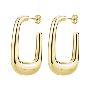 Detailed macro view of polished rectangular gold-plated earrings with butterfly clasp
