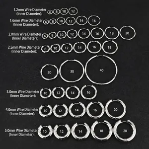 Classic silver titanium steel hoop earrings size chart with thickness and inner diameter info