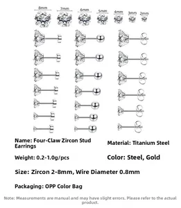 Detailansicht der 2-8mm Zirkonia-Ohrstecker in 4-Krallen-Fassung aus Edelstahl