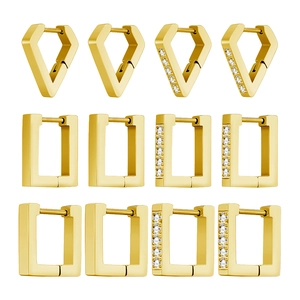 Set of 6 pairs of gold titanium steel earrings in V-shape, square, and rectangle shapes