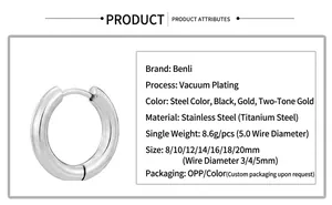 Detailed spec sheet for polished titanium steel hoop earrings showing sizes and finishes