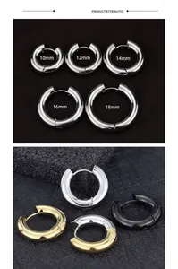 Polished titanium steel hoop earrings in gold, silver, and black, various sizes 10-18mm