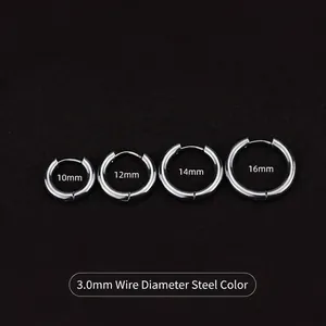 Polished steel hoop earrings in 10mm to 16mm sizes with 3.0mm wire diameter detail