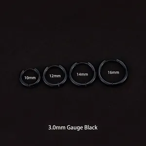 Detail view of 3.0mm thick black titanium hoop earrings in 10mm to 16mm diameters