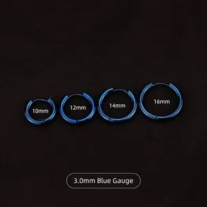 Blue titanium steel hoop earrings set showing 10mm to 16mm sizes on black background