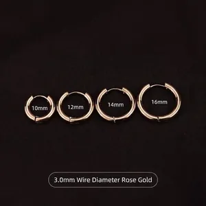Polished rose gold titanium steel hoop earrings in 10mm to 16mm sizes with 3mm thickness