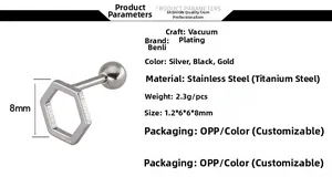 Detailed technical drawing of hexagon stud earring with material and size specifications