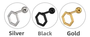 Hexagonal stainless steel studs in silver, black, and gold with screw back closure