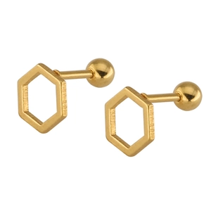 Minimalist geometric hexagon stainless steel stud earrings with screw-back in gold finish