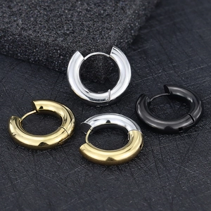 Classic titanium steel hoop earrings in polished silver, gold, and black finishes