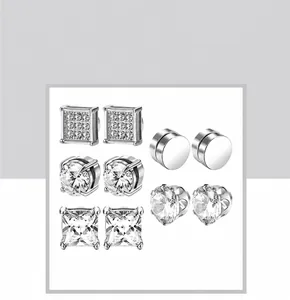 Detailansicht silberner Zirkonia-Magnetohrringe Set mit quadratischen und runden Steckern